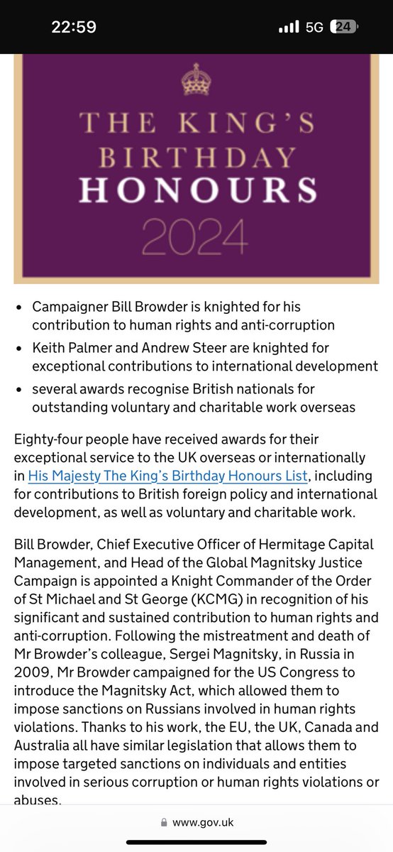 Completely blown away to be Knighted this evening on the King's birthday's honours list. I’ve spent the last 15 years fighting to make sure that Sergei Magnitsky’s death in Russian custody would never happen again. Being knighted by King Charles is the ultimate recognition that