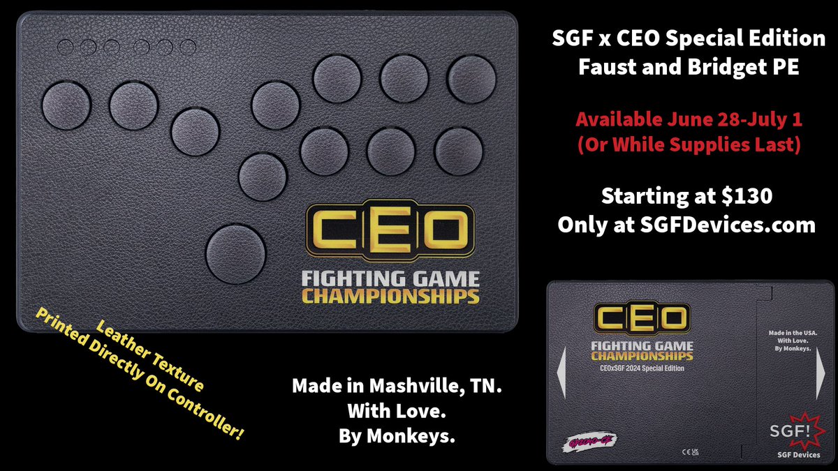 SGFDevices's tweet image. While we won't be able to attend in person, we're happy to announce that we'll be supporting @CEOGaming 2024! In addition to a few other things, we've worked with the CEO crew to come up with an incredible limited edition controller that will only be available the weekend of CEO!