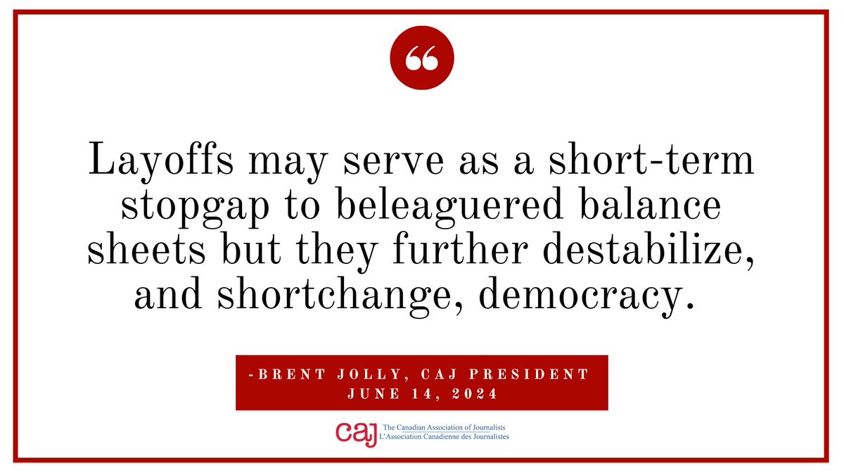 Canadian Association of Journalists (@caj) on Twitter photo The CAJ was extremely disappointed to learn nearly three dozen unionized journalists at Global News bureaus across the country were laid off this week. Among them is veteran news anchor <a href="/FarahNasser/">Farah Nasser</a>. We stand in solidarity with them.
Our statement: caj.ca/journalism-job… The CAJ was extremely disappointed to learn nearly three dozen unionized journalists at Global News bureaus across the country were laid off this week. Among them is veteran news anchor <a href="/FarahNasser/">Farah Nasser</a>. We stand in solidarity with them.
Our statement: caj.ca/journalism-job…