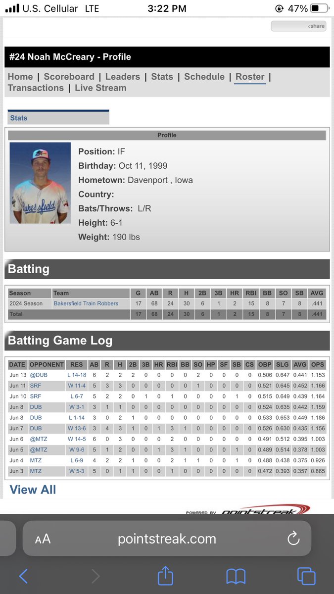 Looking for professional opportunities

2023 &amp; 2024 1st team all conference at St. Ambrose University

Pecos League stats through 6-13-24 

Email: Noah.mccreary37@gmail.com