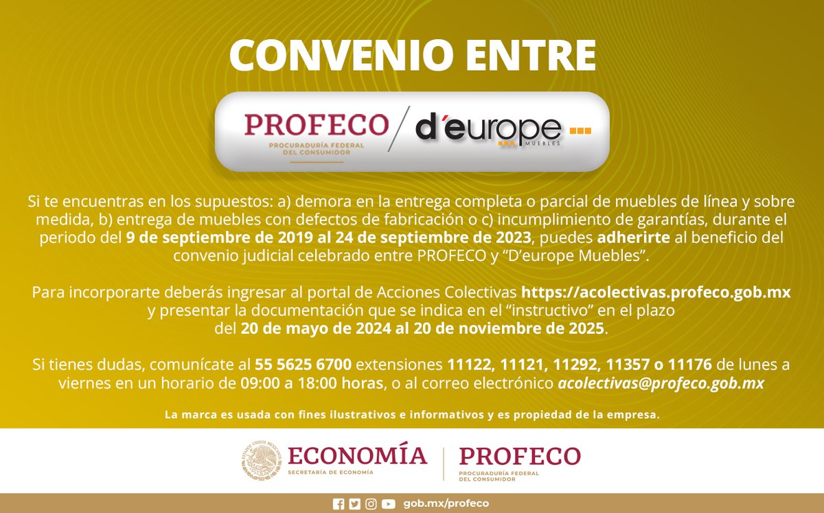 📢 Profeco y d´europe llegan a convenio a favor de los consumidores.

🟡 Si fuiste afectado durante el periodo del 9 de septiembre de 2019 a 24 de septiembre de 2023, ¡puedes adherirte!

✅ Ingresa al portal de #AccionesColectivas acolectivas.profeco.gob.mx