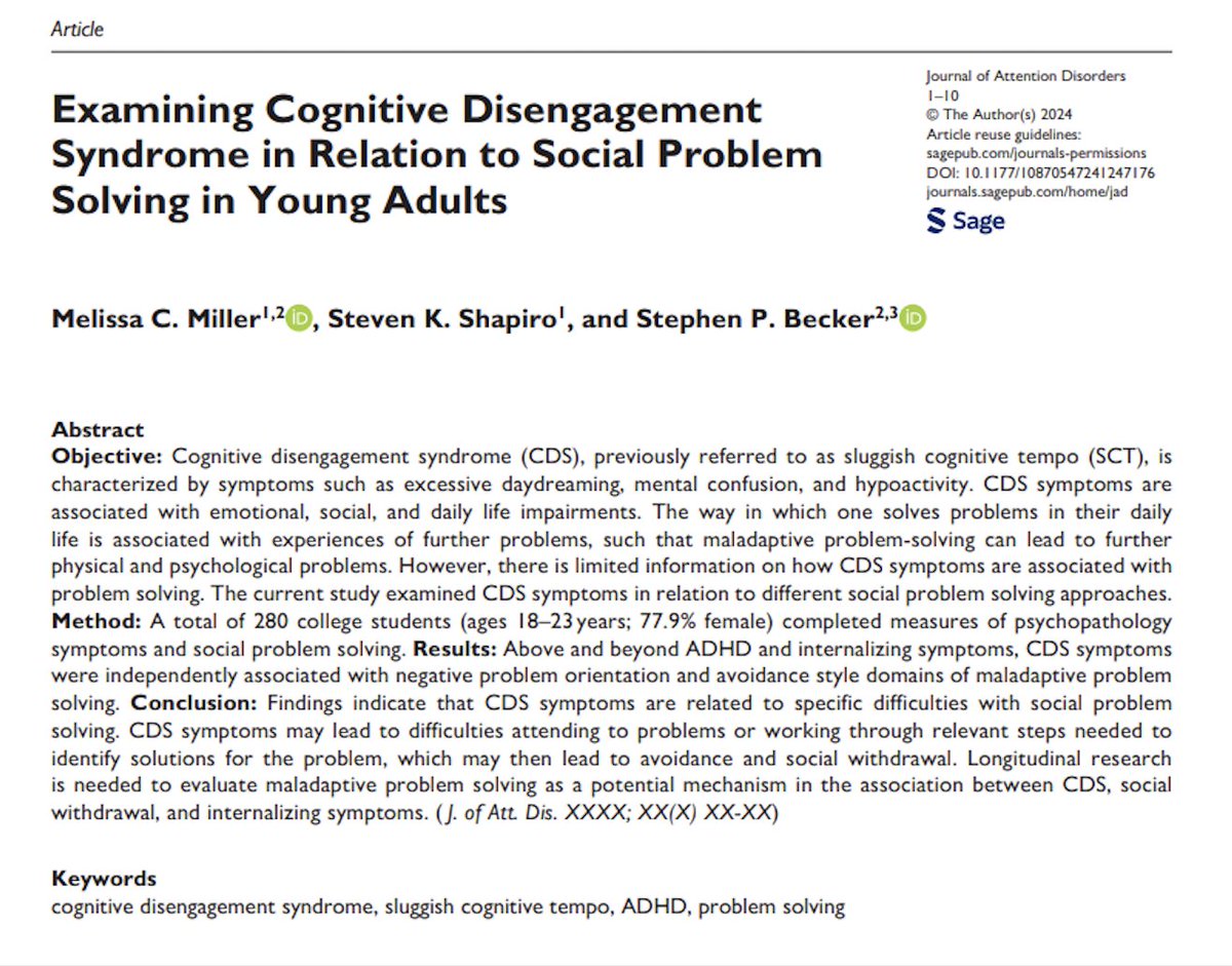 Incredible work coming from Dr. Melissa Miller, one of our postdoctoral fellows, who recently published an article in Journal of Attention Disorders finding that cognitive disengagement syndrome (CDS) symptoms are associated with maladaptive problem solving in young adults!