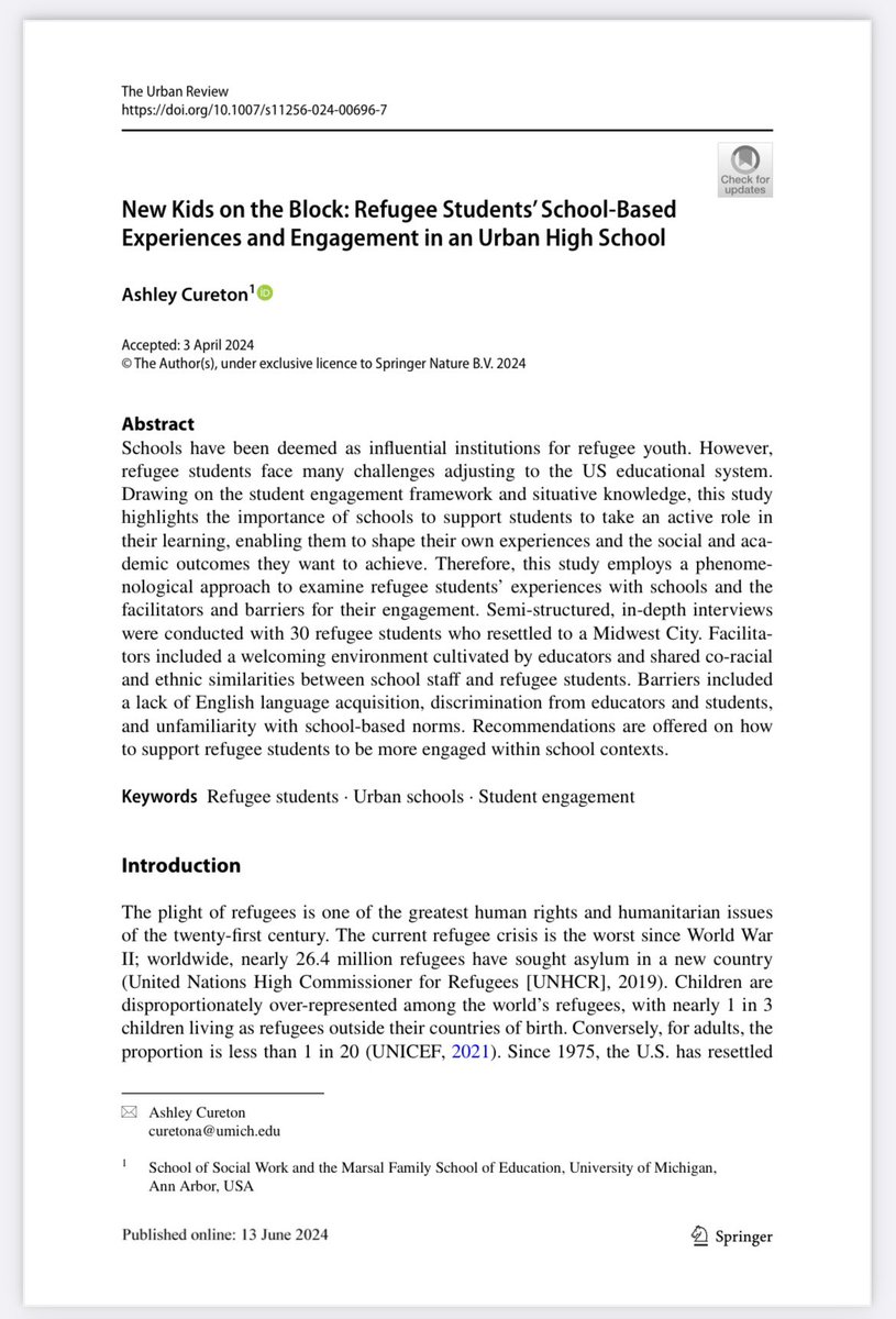 Ashley E. Cureton, Ph.D., MSW (@drashleycureton) on Twitter photo NEW PUB ALERT: I’m excited to share this manuscript on refugee students’ engagement in schools, such as facilitators and barriers that affects their involvement. If you work with refugee students in schools, check it out! <a href="/YouthRyeh/">Refugee Youth Education Hub (RYEH)</a> @REACH_HarvardEd
link.springer.com/article/10.100… NEW PUB ALERT: I’m excited to share this manuscript on refugee students’ engagement in schools, such as facilitators and barriers that affects their involvement. If you work with refugee students in schools, check it out! <a href="/YouthRyeh/">Refugee Youth Education Hub (RYEH)</a> @REACH_HarvardEd
link.springer.com/article/10.100…