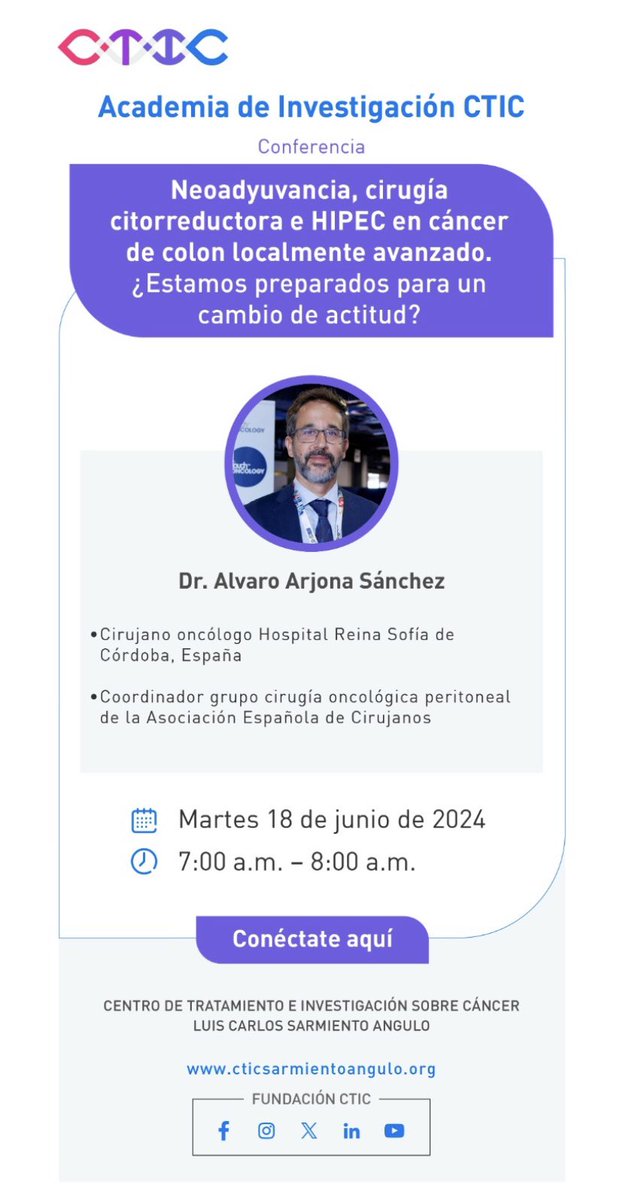 Silvia Guerrero-Macías (@cxsguerrero) on Twitter photo El próximo 18 de junio en Academia <a href="/Fundacion_CTIC/">Fundación CTIC</a> tendremos la participación del Dr. Alvaro Arjona <a href="/alarjosan/">Alvaro Arjona</a> quien nos hablará de Neoadyuvancia, cirugía citorreductora e HIPEC en cáncer de colon localmente avanzado <a href="/AsoColoproctolo/">asocoloprocto</a> <a href="/APeritoneum/">Asociación Peritoneum</a> <a href="/SPeritoneum/">SoMe4Peritoneum</a> <a href="/eugeniamanri/">Maria Eugenia Manrique Acevedo</a> El próximo 18 de junio en Academia <a href="/Fundacion_CTIC/">Fundación CTIC</a> tendremos la participación del Dr. Alvaro Arjona <a href="/alarjosan/">Alvaro Arjona</a> quien nos hablará de Neoadyuvancia, cirugía citorreductora e HIPEC en cáncer de colon localmente avanzado <a href="/AsoColoproctolo/">asocoloprocto</a> <a href="/APeritoneum/">Asociación Peritoneum</a> <a href="/SPeritoneum/">SoMe4Peritoneum</a> <a href="/eugeniamanri/">Maria Eugenia Manrique Acevedo</a>