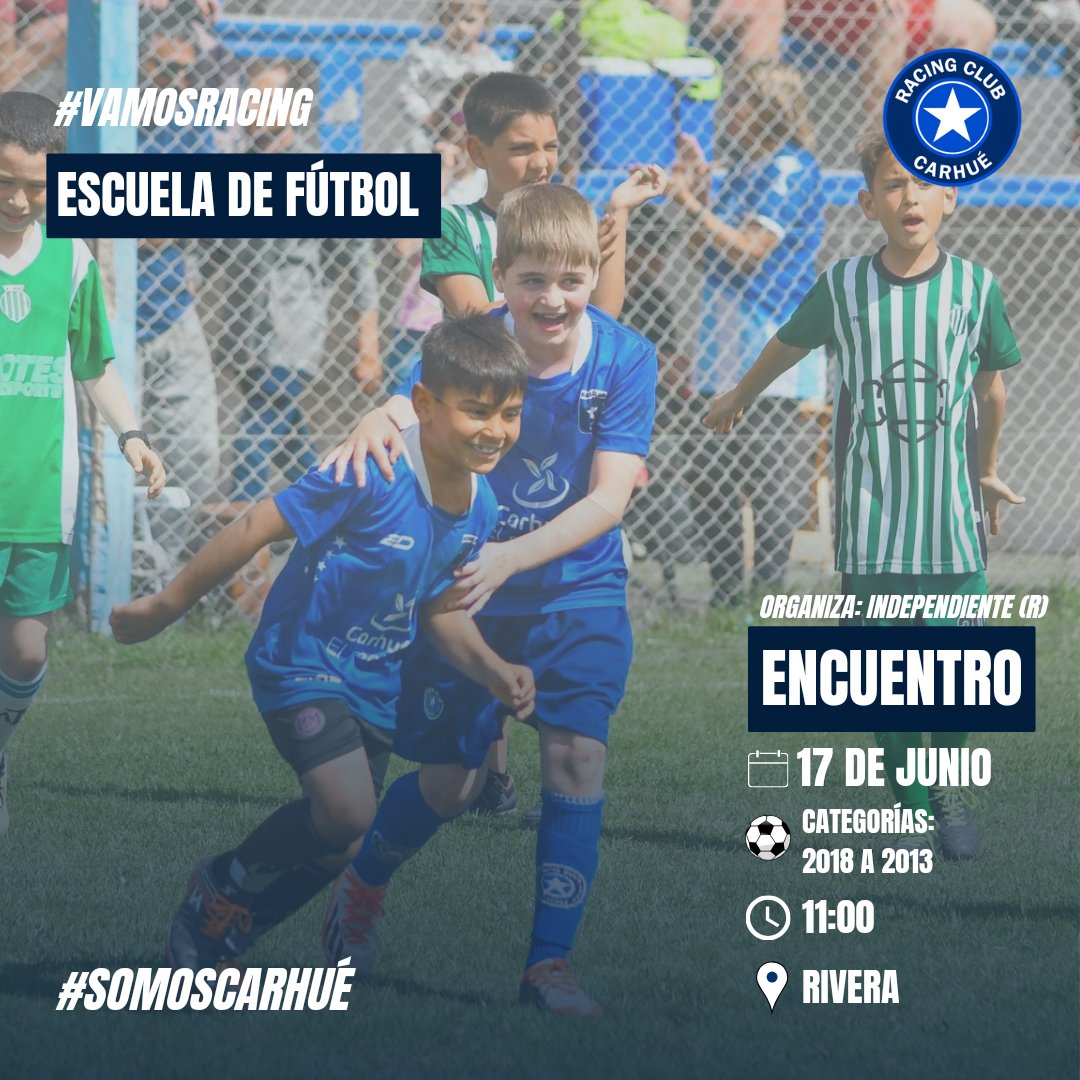 ENCUENTRO DE ESCUELA DE FÚTBOL🇸🇴 | Organiza Independiente (R)

📆Lunes 17 de junio 
🏟️Rivera
🕑A partir de las 11:00
⚽Categorías: 
2018 a 2013

#VAMOSRACING👊💙 #SomosCarhué
