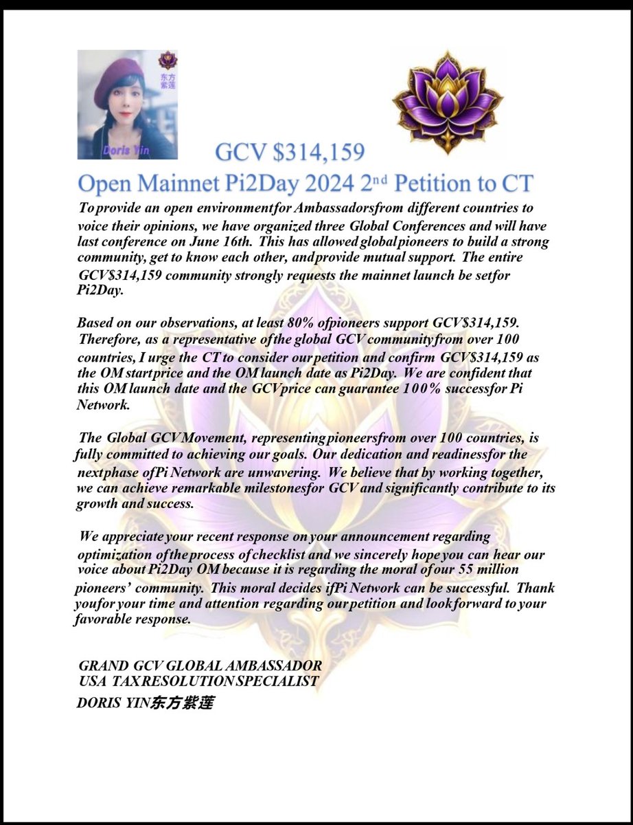 dorisyincpa's tweet image. June 14th 2024
PETITION TO PI NETWORK PI2DAY OM GCV$314,159
From Doris Yin, Grand Global GCV Ambassador
@PiCoreTeam
#Pi2DayGCVOMMovement
#GCV $314,159

TORONTO, CANADA

PETITION TO OPEN MAINNET ON PI2DAY 2024 WITH GCV $314,159

Dear Dr. Nicolas Kokkalis, Dr. Fan, and Core Team,…