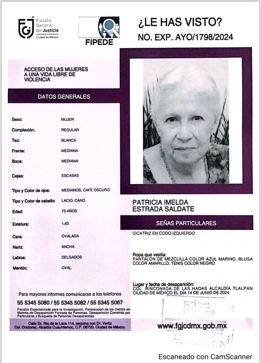 Se activa #AlertaPlateada para localizar a Doña Patricia Imelda que salió el día de hoy de #Tlalpan donde podría ubicarse al igual que en #Xochimilico
Por favor abre la foto y, si puedes, compártela.
Juntos podemos ayudar a que regrese a casa.