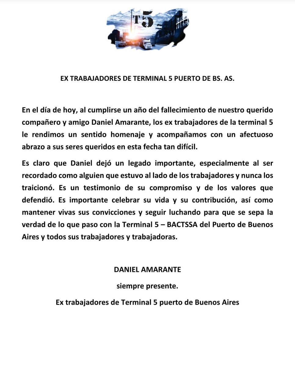 manuelojeda44's tweet photo. Recordando a un querido amigo con el cual luchamos y dimos todo por nuestros compañeros de Teminal 5 del Puerto de Buenos Aires. @gonbauti @AGPuertos @todonoticias @edufeiok @JonatanViale https://t.co/hQJi0IwMTV