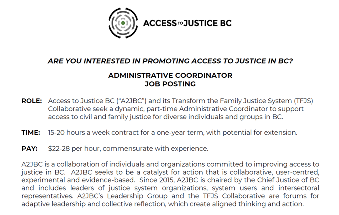A2JBC's tweet photo. We are looking for a part-time Administrative Coordinator - the full posting is on our LinkedIn page & on https://t.co/Zyl8a5ca56. The deadline is June 28, 2024. #jobposting #adminjob #legal #systemschange https://t.co/2YP0Q2vy4V