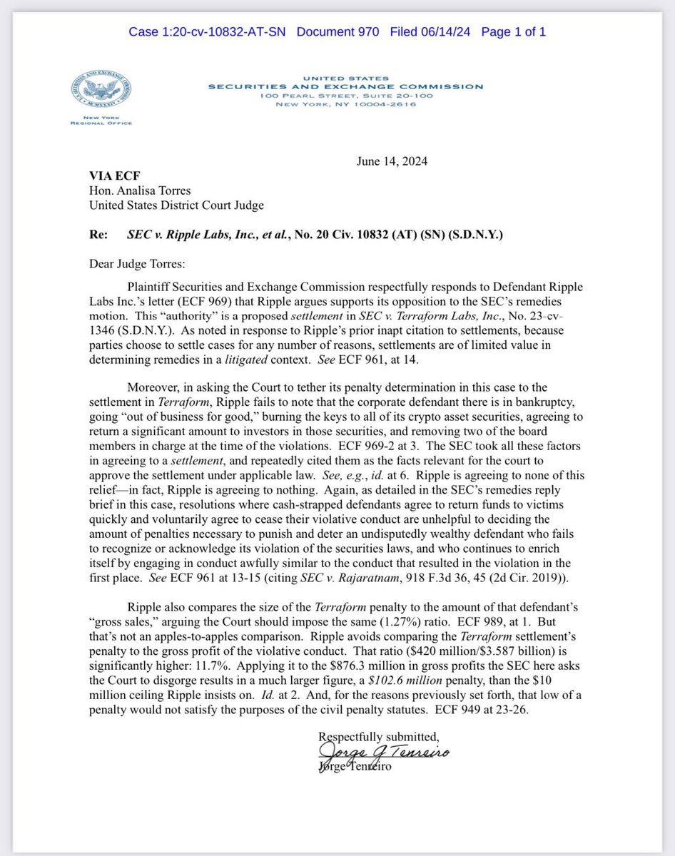 ⚖️ RIPPLE VS. SEC: 

The SEC has responded to #Ripple’s letter regarding the TerraForm Labs Consent Judgment!