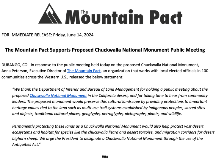 themountainpact's tweet photo. Read our @themountaipact statement on today's great public meeting on the proposed Chuckwalla National Monument. #ProtectCADeserts! Thank you @Interior & @BLMNational for wanting to hear from supportive community members, Tribes, & businesses.
https://t.co/HU2gSJxYaF https://t.co/Re5hLpmbpX