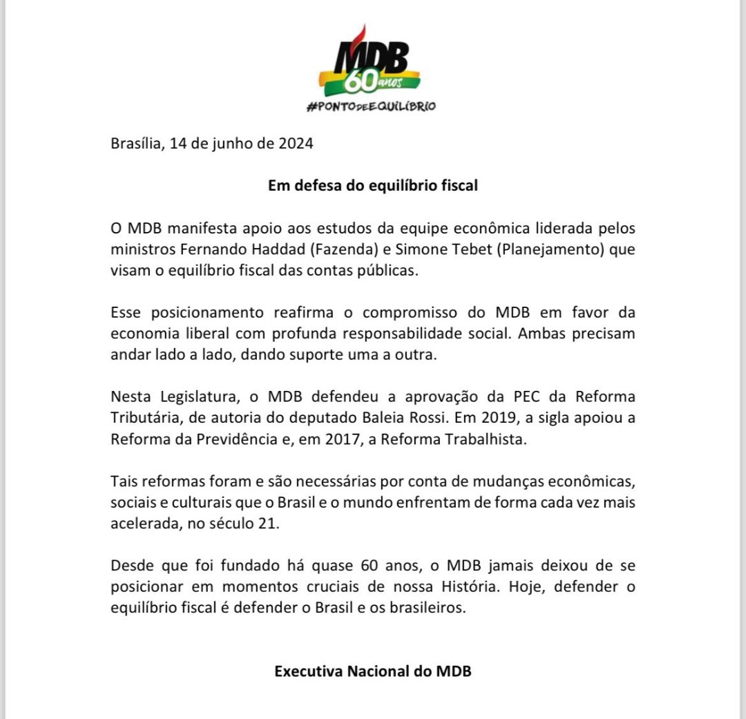 eleicoesempauta's tweet image. 🇧🇷 AGORA: MDB lança nota em apoio a agenda de Fernando Haddad e Simone Tebet.

"Esse posicionamento reafirma o compromisso do MDB em favor da economia liberal com profunda responsabilidade social".