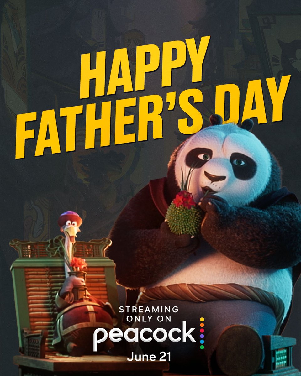 Dreamworks's tweet photo. Happy Father's Day to all the legendary fathers out there! Whether you're teaching your cubs the art of kung fu or just sharing a delicious bowl of noodles, today is all about YOU! 🍜💪 Celebrate with #KungFuPanda 4, streaming on @peacock June 21! https://t.co/5YilGvQ0YB