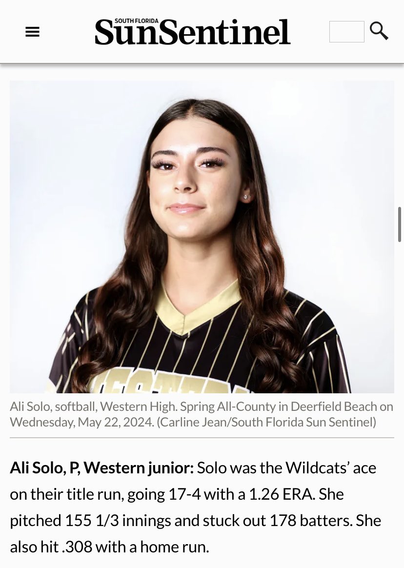 Alexandra "Ali" Solo (@alisolo2025) on Twitter photo So honored to be chosen for the Sun Sentinel All County 7A-6A 1st team. Congratulations to my fellow <a href="/WesternWildcat2/">Western Wildcats Softball</a> POY <a href="/ArletteCaravaca/">Arlette Caravaca | OF/UTL</a> 1st team <a href="/BrookeBacaris/">Brooke Bacaris 2026</a> <a href="/CypressAlana/">Alana Cypress 2024</a> 2nd <a href="/JadeICastillo/">Jade Castillo| 3B/1B</a> <a href="/danae_falquez/">Danae Falquez</a> <a href="/emmamosherrr/">Emma Mosher</a> & <a href="/kbutter129/">Kennedy Butter</a>
<a href="/FLStormMasso/">Florida Storm National Masso</a> <a href="/SoFlaFastpitch/">South Fla Fastpitch Group</a> <a href="/SBLiveFL/">Florida High School On SI</a> So honored to be chosen for the Sun Sentinel All County 7A-6A 1st team. Congratulations to my fellow <a href="/WesternWildcat2/">Western Wildcats Softball</a> POY <a href="/ArletteCaravaca/">Arlette Caravaca | OF/UTL</a> 1st team <a href="/BrookeBacaris/">Brooke Bacaris 2026</a> <a href="/CypressAlana/">Alana Cypress 2024</a> 2nd <a href="/JadeICastillo/">Jade Castillo| 3B/1B</a> <a href="/danae_falquez/">Danae Falquez</a> <a href="/emmamosherrr/">Emma Mosher</a> & <a href="/kbutter129/">Kennedy Butter</a>
<a href="/FLStormMasso/">Florida Storm National Masso</a> <a href="/SoFlaFastpitch/">South Fla Fastpitch Group</a> <a href="/SBLiveFL/">Florida High School On SI</a>