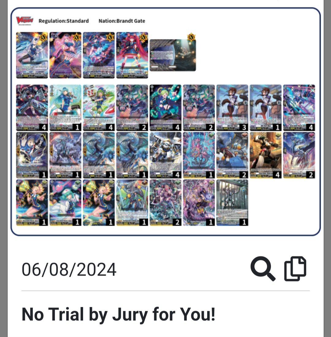 Irregular_Steph's tweet image. Almost forgot to post my BO3 local results from Saturday, June 8, 2024. I ran Prison.

Round 1 vs Magnolia Elder W 2-0 😈
Round 2 vs Rezeal L 1-2 👿
Round 3 vs Varga W 2-1 😈

Came in 4th place. 😈

Deck image below.
Decklog deck code is: 68DYJ

#VGtopdecks
#VanguardTopDecks