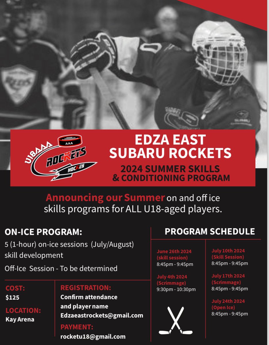 The Rockets are excited to announce our summer on ice program. Please send your confirmation to edzaeastrockets@gmail.com and we will see everyone soon.
