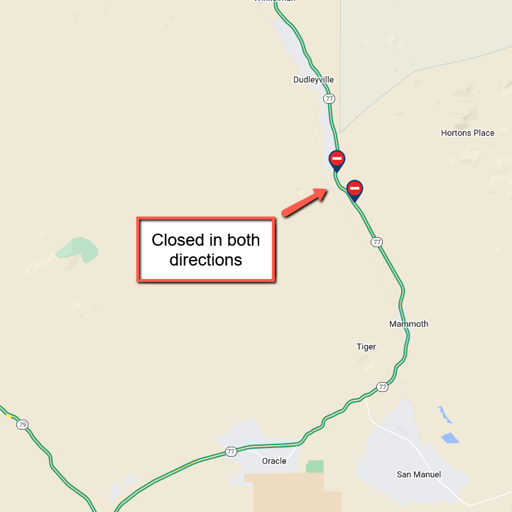 ArizonaDOT's tweet photo. *CLOSURE*
SR 77 is closed in both directions between mileposts 121-124 due to a brush fire.
Expect delays and seek an alternate route. There is no estimated reopening time.
For real-time traffic info, check https://t.co/l4s0AFGOpz and the AZ511 app: https://t.co/bCKuJCrSjW https://t.co/wLAO6P9UNR