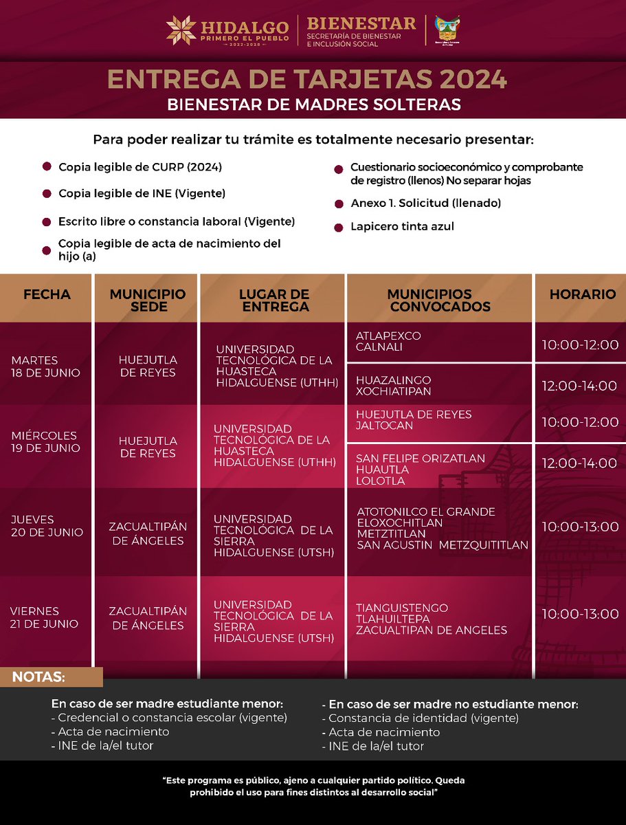 Bienestar_Hgo's tweet photo. 📢 Calendario de la 2a semana de entrega de tarjetas: #BienestarDeMadresSolteras 🤱🏽 y #BienestarYDesarrollo (Ventanilla 2)👨🏾‍🌾.

👁️ En próximos días compartiremos más fechas y sedes.
📄 Es importante presentar los documentos indicados.
#SomosBienestar https://t.co/hZYN6qscdI