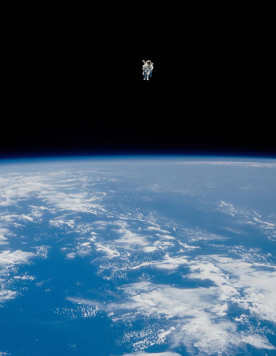 MAstronomers's tweet image. This iconic photograph is still considered one of the most-terrifying space photographs to date. Astronaut Bruce McCandless II became the first human being to perform spacewalk without a safety tether linked to a spacecraft. He floated completely untethered in space with nothing…
