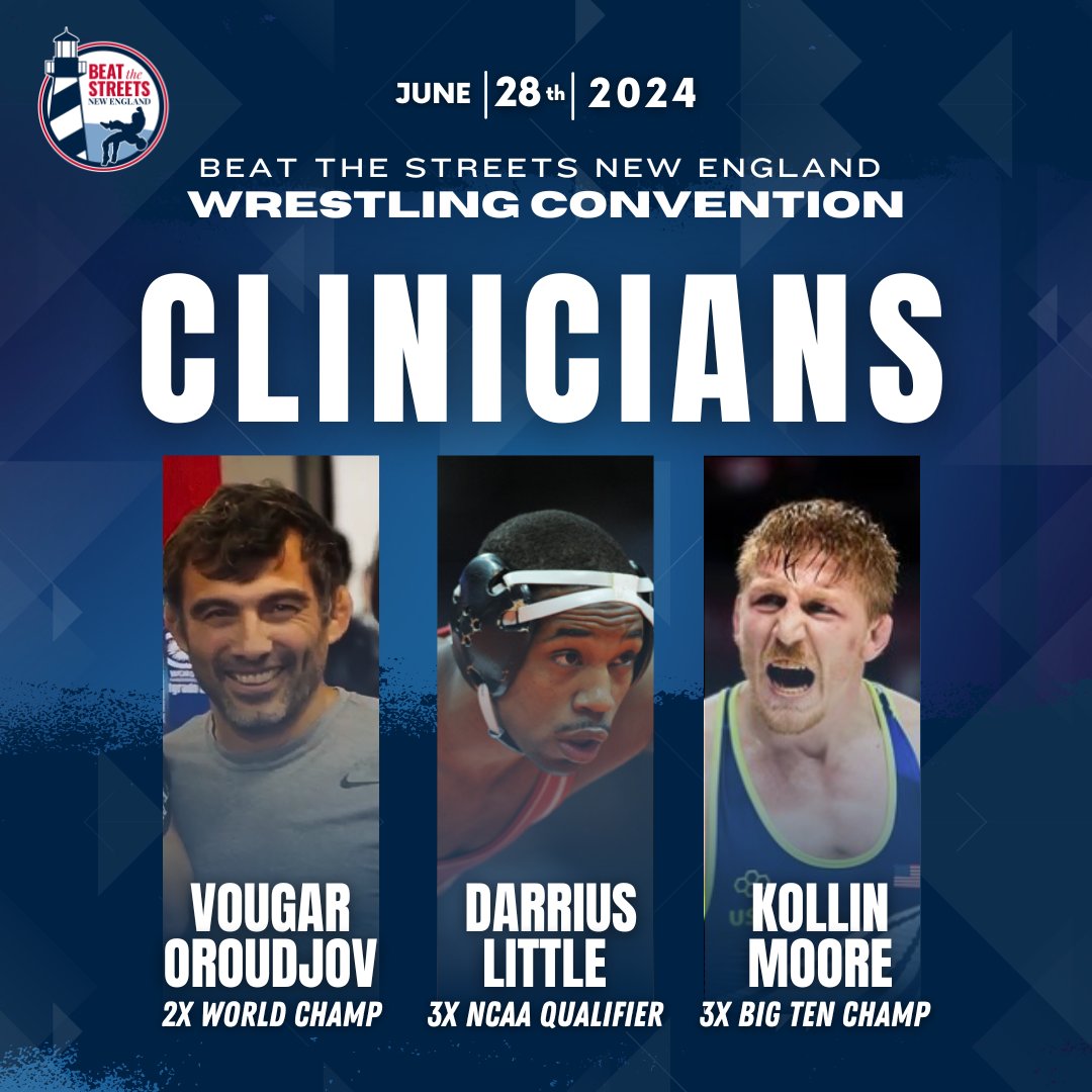 BTSNewEngland's tweet photo. 2x World Champion Vougar Oroudjov, 3x Big Ten Champ @moore_of_kollin and 3x NCAA Qualifier and @BrownU_Wrestle Assistant Coach Darrius Little will be joining the #BTSNE Wrestling Convention as clinicians!
🗓️June 28th
📍Boston University
https://t.co/hDe6vUWprg https://t.co/nMAUn5rXY3