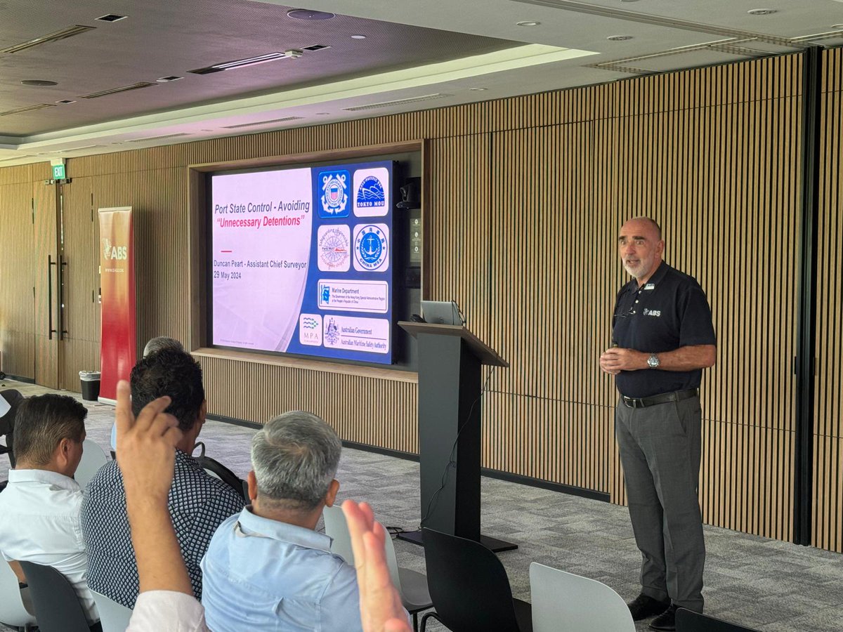 ABSeagle's tweet photo. ABS is pleased to announce the resounding success of our recent ABS Regulatory Updates: Guidance to Port State Control Compliance seminar in Singapore. The event focused on providing a comprehensive guide to #port compliance, equipping attendees with the knowledge and strategies to navigate the ever-evolving regulatory landscape.

ABS speakers included Duncan Peart, Assistant Chief Surveyor, Eastern Hemisphere - Greater China and Dan Ilteris, Assistant Chief Surveyor, Eastern Hemisphere - Singapore, who delved into key topics crucial to the #maritime sector, including regulations and procedures for vessels arriving at ports, port authority management, port state control challenges and effective strategies for answering port state control queries.

The event fostered a vibrant atmosphere of learning and discussion, with attendees actively engaging with ABS leaders.

Thank you to all who participated! We look forward to hosting more events of benefit to the #shipping industry.