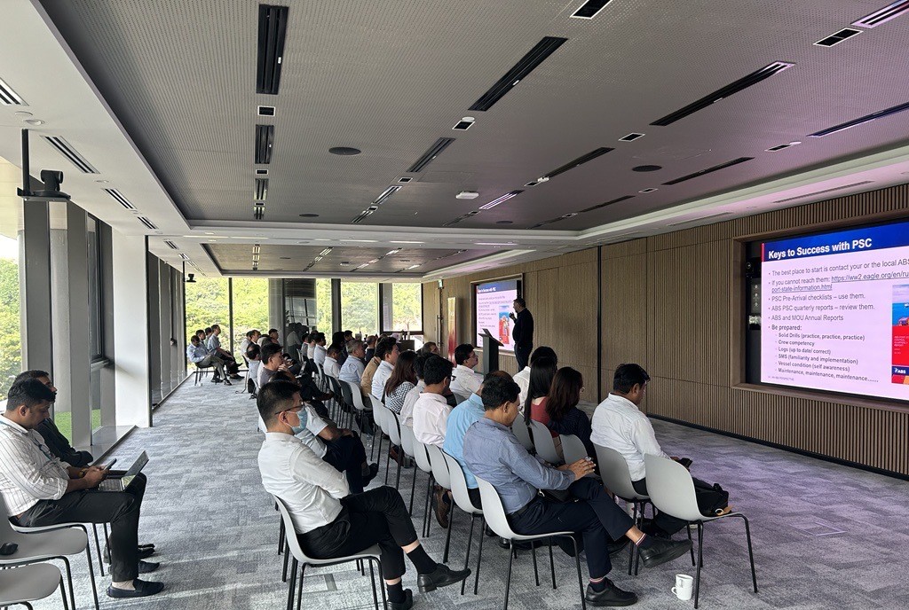 ABSeagle's tweet photo. ABS is pleased to announce the resounding success of our recent ABS Regulatory Updates: Guidance to Port State Control Compliance seminar in Singapore. The event focused on providing a comprehensive guide to #port compliance, equipping attendees with the knowledge and strategies to navigate the ever-evolving regulatory landscape.

ABS speakers included Duncan Peart, Assistant Chief Surveyor, Eastern Hemisphere - Greater China and Dan Ilteris, Assistant Chief Surveyor, Eastern Hemisphere - Singapore, who delved into key topics crucial to the #maritime sector, including regulations and procedures for vessels arriving at ports, port authority management, port state control challenges and effective strategies for answering port state control queries.

The event fostered a vibrant atmosphere of learning and discussion, with attendees actively engaging with ABS leaders.

Thank you to all who participated! We look forward to hosting more events of benefit to the #shipping industry.