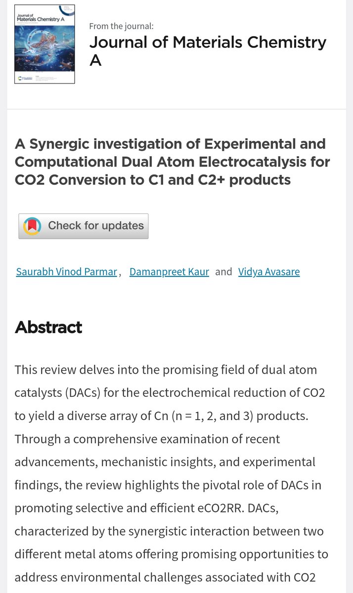 Excited to announce our latest publication! 📄 Dive into our review discussing synthesis, workings, and mechanisms of dual atom catalysts in transforming CO2 into valuable products. #catalysis
<a href="/JMaterChem/">J. Mater. Chem. family</a> <a href="/AshokaUniv/">Ashoka University</a>