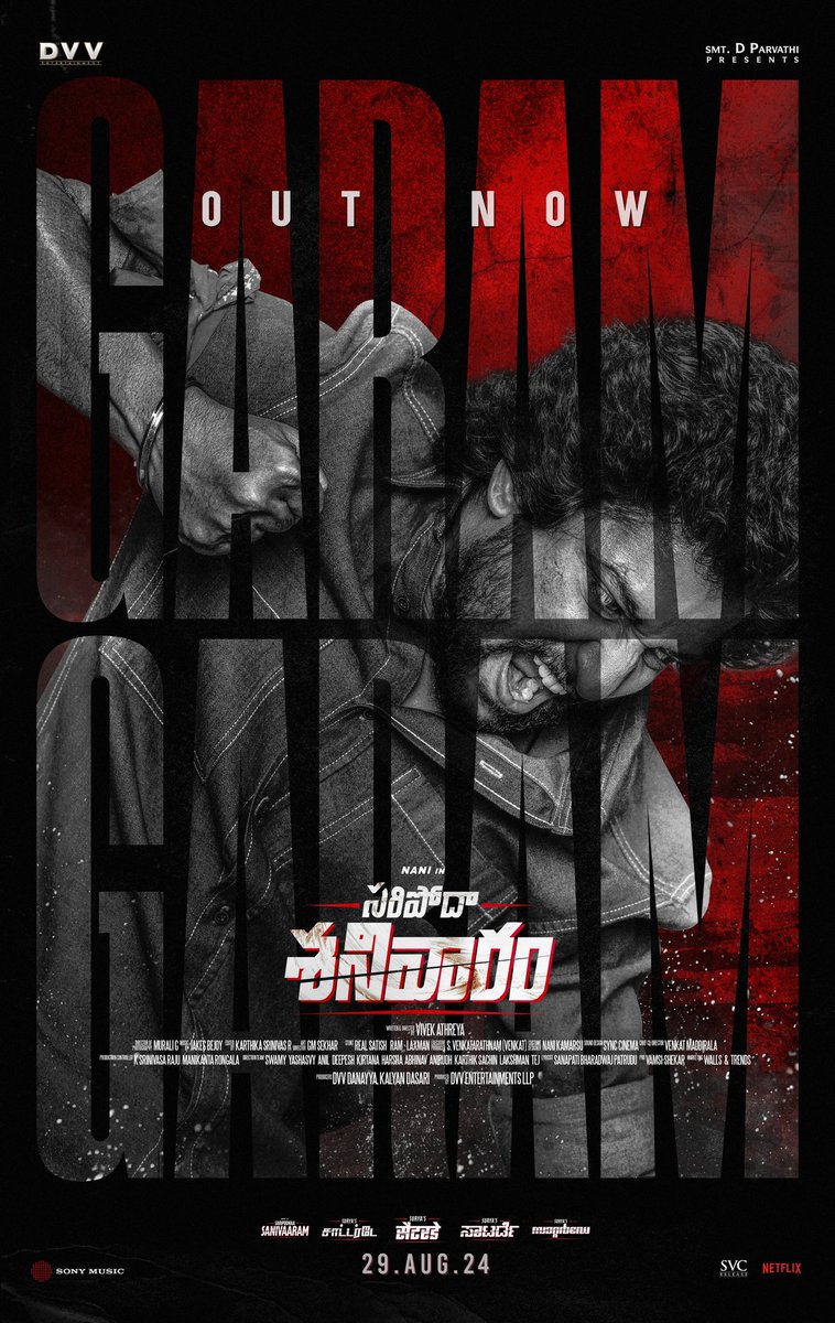 Nani (@nameisnani) on Twitter photo Here’s first song from #SaripodhaaSanivaaram
A jakes bejoy rage 🔥
<a href="/JxBe/">Jakes Bejoy</a>
<a href="/VishalDadlani/">VISHAL DADLANI</a>
Introducing Surya to you all :)
#GaramGaram
youtu.be/qlbnA4pWwsQ
<a href="/iam_SJSuryah/">S J Suryah</a> <a href="/priyankaamohan/">Priyanka Mohan</a> #VivekAthreya @Patrudusb <a href="/muraligdop/">murali.g</a> <a href="/karthikaSriniva/">Karthika Srinivas</a> <a href="/SVR4446/">S Venkatarathnam(Venkat)</a> <a href="/IamKalyanDasari/">Kalyan Dasari</a> Here’s first song from #SaripodhaaSanivaaram
A jakes bejoy rage 🔥
<a href="/JxBe/">Jakes Bejoy</a>
<a href="/VishalDadlani/">VISHAL DADLANI</a>
Introducing Surya to you all :)
#GaramGaram
youtu.be/qlbnA4pWwsQ
<a href="/iam_SJSuryah/">S J Suryah</a> <a href="/priyankaamohan/">Priyanka Mohan</a> #VivekAthreya @Patrudusb <a href="/muraligdop/">murali.g</a> <a href="/karthikaSriniva/">Karthika Srinivas</a> <a href="/SVR4446/">S Venkatarathnam(Venkat)</a> <a href="/IamKalyanDasari/">Kalyan Dasari</a>
