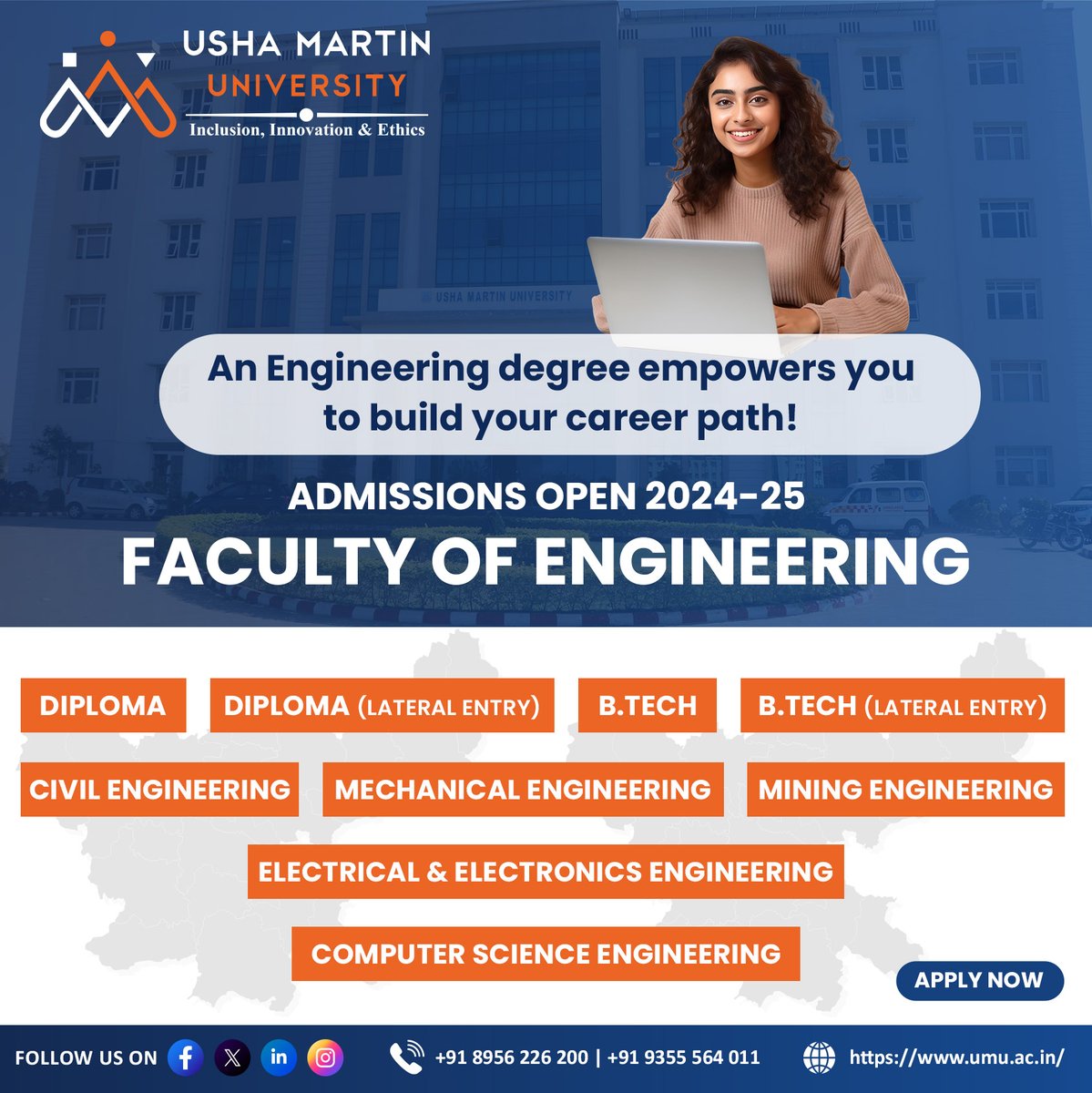 UshaMartinUnv's tweet image. Admissions Open at Usha Martin University&apos;s Faculty of Engineering. Enroll in Diploma and BTech programs, including lateral entry, at Ranchi&apos;s top engineering college. Shape your engineering career today!
#admissionopen2024 #diploma #btechprograms #applynow #admission2024
