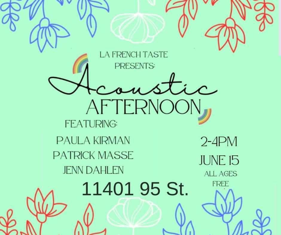 Come on down for an “Acoustic Afternoon”. A Pride show at La French Taste. Special thanks to Becca Firlotte for having me on the bill and all her hard work putting this show on. Support local businesses, that support live local Artists. 🏳️‍🌈🏳️‍⚧️