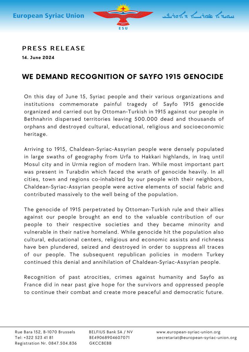 esu_int's tweet photo. On June 15, we honor the memory of the 500,000 Syriac victims of the 1915 Sayfo genocide. We call for global recognition of this atrocity to ensure justice and peace. #Sayfo1915 #RecognizeGenocide https://t.co/rnzbTD3gcG