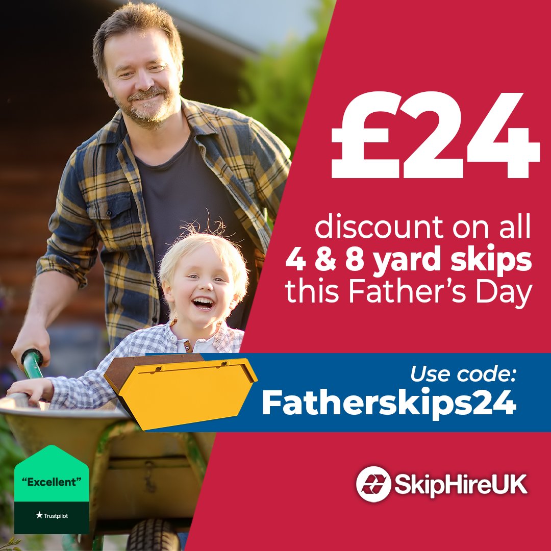 SkiphireUK1's tweet photo. This Father’s Day, treat Dad (or yourself) to a cleaner, clutter-free home with our special £24 discount on our range of 4 and 8 yard skips 🤩😍

Book by 15th June with code Fatherskips24 to take advantage of this offer: https://t.co/gGzlphn82M 

#skiphire #fathersday https://t.co/QxNg2oL6cu