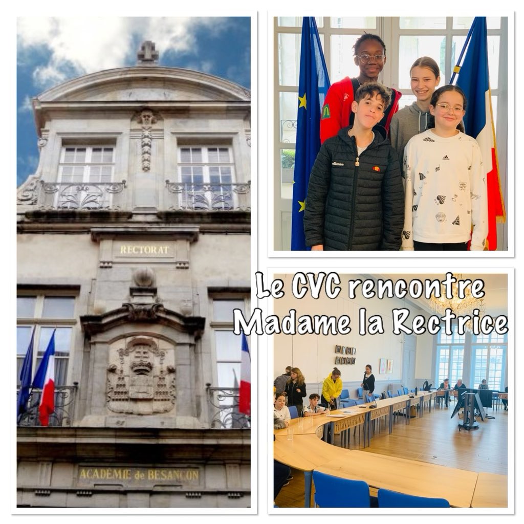 Collège Diderot (@clgdiderot) on Twitter photo Merci à Mme la Rectrice pour l’accueil réservé aux élèves du CVC ce vendredi , une belle reconnaissance de l’engagement de nos jeunes élus !
<a href="/acbesancon/">Académie de Besançon</a> <a href="/NathalieAlber15/">Nathalie Albert-Moretti</a> <a href="/DSDEN25/">DSDEN 25</a> Merci à Mme la Rectrice pour l’accueil réservé aux élèves du CVC ce vendredi , une belle reconnaissance de l’engagement de nos jeunes élus !
<a href="/acbesancon/">Académie de Besançon</a> <a href="/NathalieAlber15/">Nathalie Albert-Moretti</a> <a href="/DSDEN25/">DSDEN 25</a>