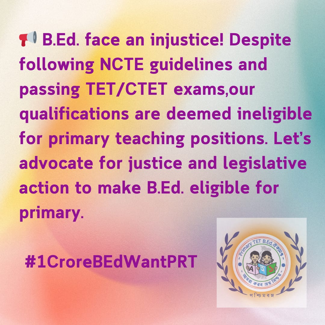 ArpanKoley17875's tweet photo. B.Ed. for Primary! We followed NCTE 2018 Gazette, passed TET/CTET. Now, honor our eligibility &amp; take action! NCTE &amp; Education Minister, Do the needful for B.Ed. Primary Eligibility!
@dpradhanbjp @DrSukantaBJP @ncteDelhi @Pawankhera @MahuaMoitra @dhruv_rathee 
#1CroreBEdWantPRT https://t.co/HizJh2wN2s
