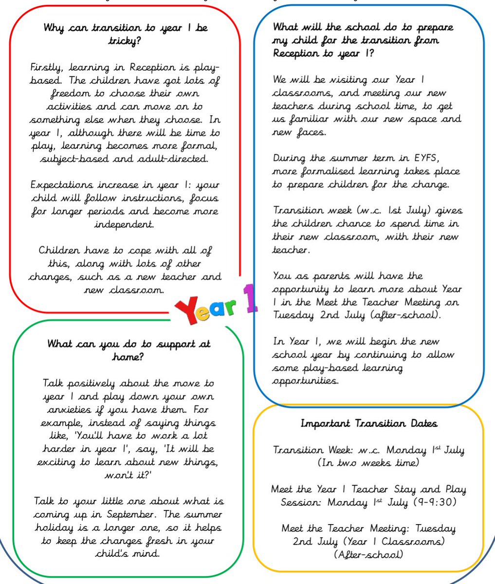 EYFS Parents, here is some useful information about our upcoming transition into Year 1. Change can be scary... but we want this change to be as smooth and most importantly positive as possible! 💛💙 <a href="/MrsCadamyQP/">Mrs Cadamy</a> <a href="/QueensCoEURC/">Queen's Park C.E/U.R.C. Primary School</a>