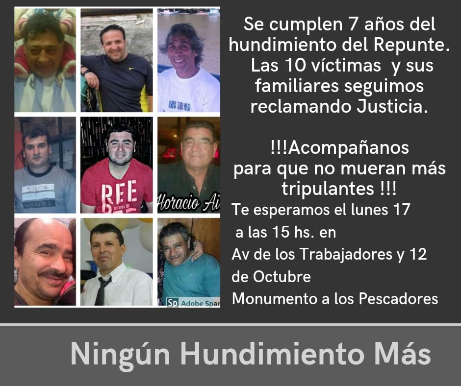 RepuntePresente's tweet image. Al cumplirse 7 años del hundimiento del Repunte, las familias los esperamos a las 15 hs en el Monumento a los pescadores, MDQ. Acompañá el pedido de justicia de las familias por las 10 víctimas del hundimiento. Gracias