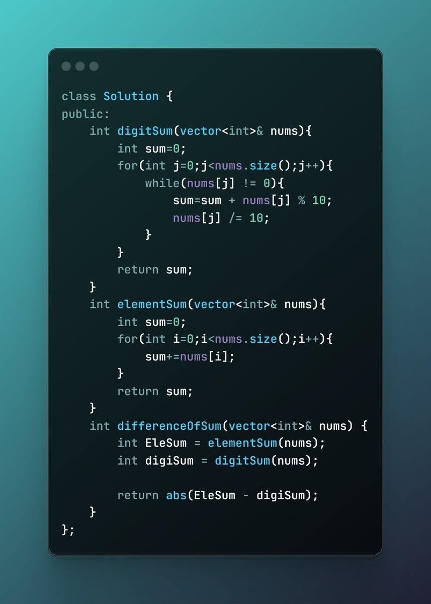 frozzencode's tweet image. Q. Difference Between Element Sum and Digit Sum of an Array #leetcode
Bruteforce solution.
#codedaily #learninpublic #buildinpublic