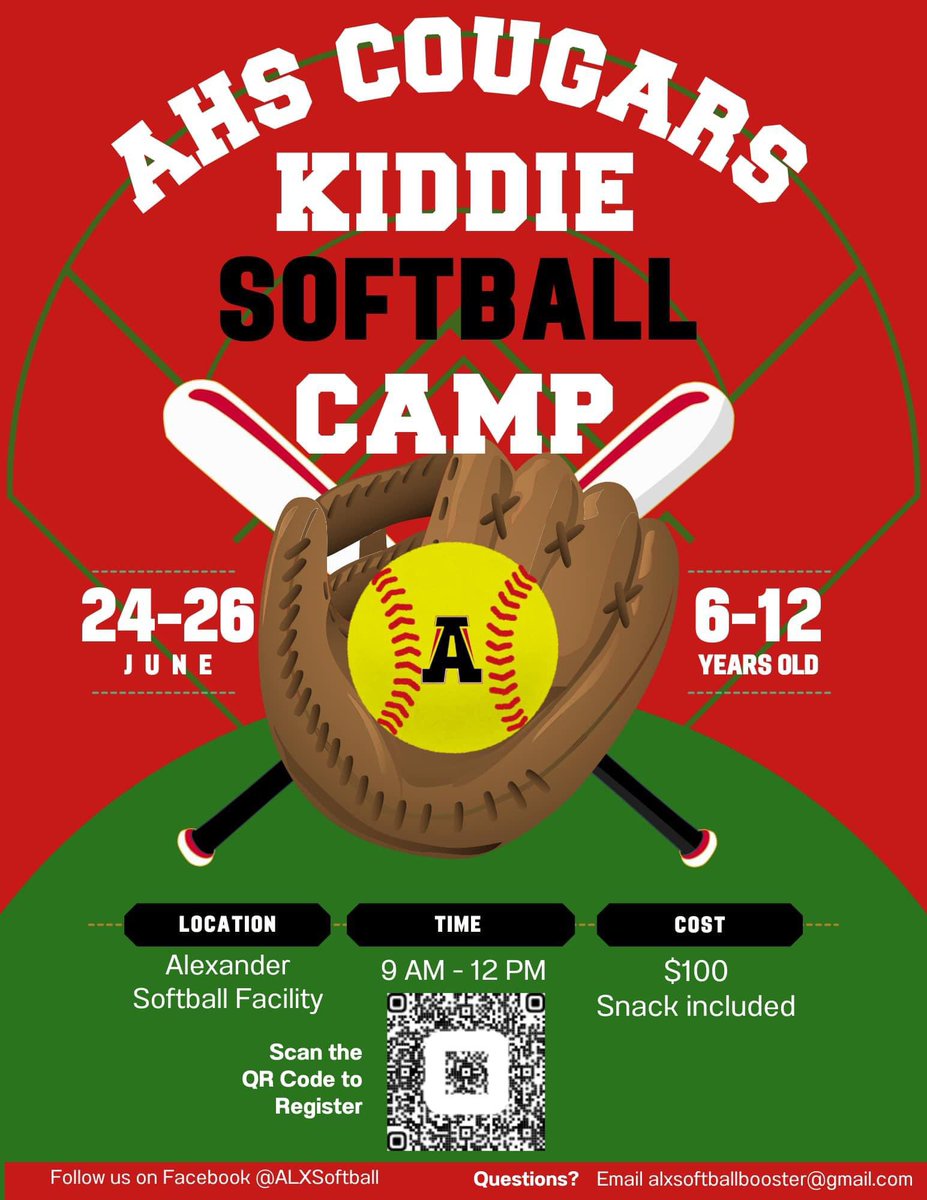 Scan the QR code on the flyer below to register for our annual Alexander Cougars Kiddie Softball Camp. 
$100 per camper.
Details below