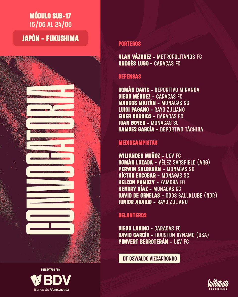 𝗠𝗼́𝗱𝘂𝗹𝗼 𝗦𝘂𝗯-𝟭𝟳 🇻🇪

📋 Lista de convocados
🏆 International Dreams Cup 2024 - Japan

Los seleccionados por <a href="/Vizcarrondo4/">Oswaldo VIZCARRONDO</a> para este módulo de trabajo internacional de la #VinotintoSub17 en tierras asiáticas del 15/06 al 24/06 en Fukushima.

#SiempreVinotinto