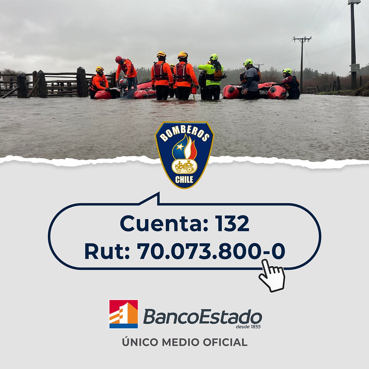 𝗕𝗢𝗠𝗕𝗘𝗥𝗢𝗦 𝗡𝗘𝗖𝗘𝗦𝗜𝗧𝗔 𝗧𝗨 𝗔𝗬𝗨𝗗𝗔
Colabora con los Bomberos que están trabajando en las zonas afectadas por lluvias e inundaciones a través de la cuenta 132 de <a href="/BancoEstado/">BancoEstado</a>

👉 Transferencias desde cualquier Banco - App BancoEstado - Caja Vecina