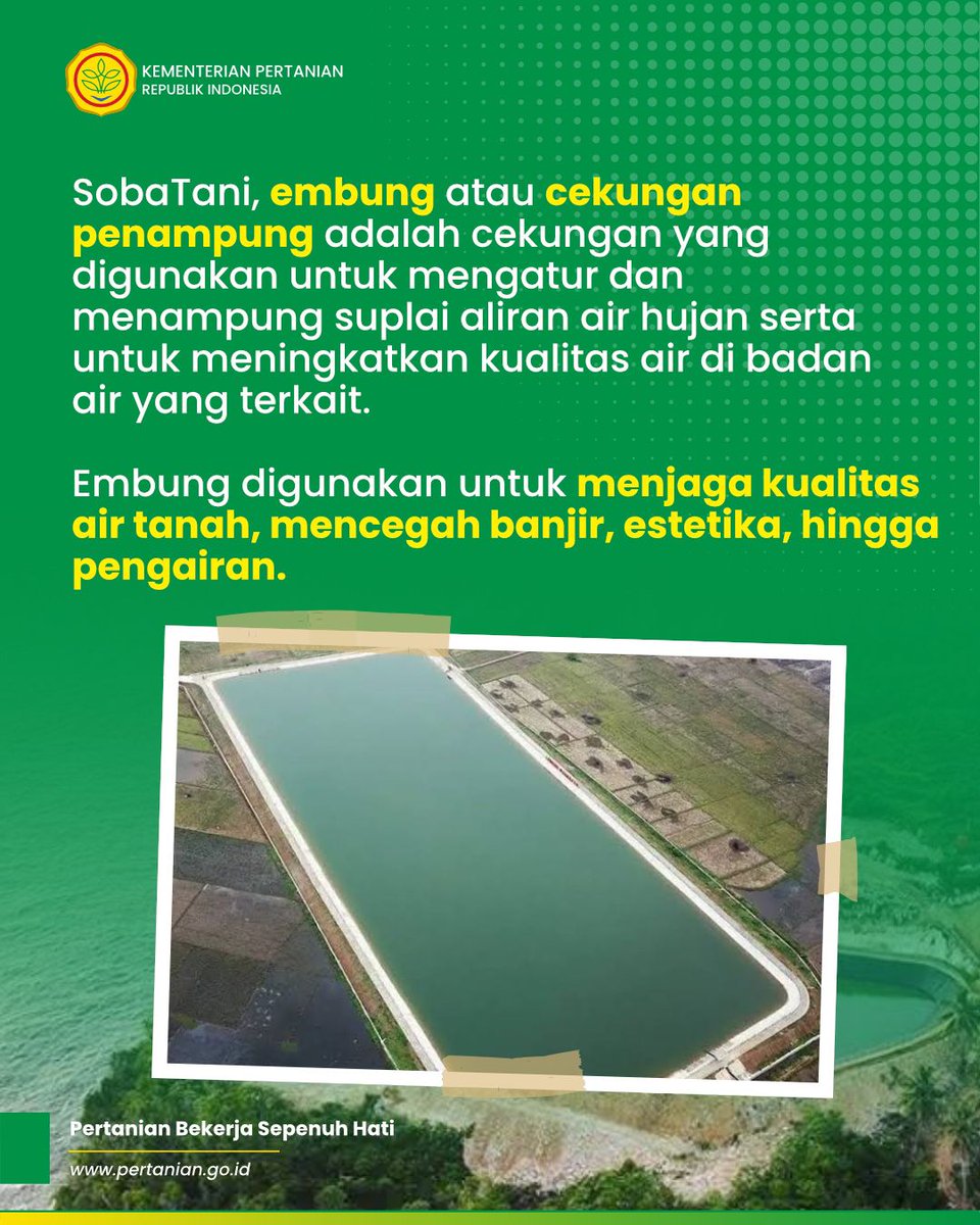 kementan's tweet photo. SobaTani, apakah di sekitar tempat tinggal SobaTani terdapat โembungโ?
Embung atau cekungan penampung ternyata memiliki banyak sekali manfaat bagi pertanian loh.
Selengkapnya simak informasi berikut ini ya Sob!
#Embung #Tanipedia #ManfaatEmbung #KementerianPertanian https://t.co/Z9Rve7kz3v