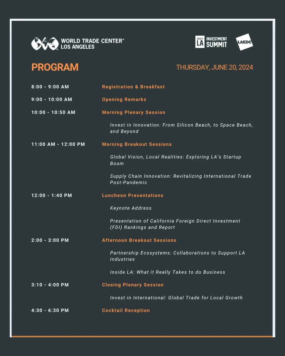 🌟 6 Days to Select LA 2024 🌟

Announcing Morning Plenary Session: 
🚀 ‘Invest in Innovation: From Silicon Beach, to Space Beach, and Beyond’ 
 
🔗 Visit selectla.org/agenda for more information and to register.