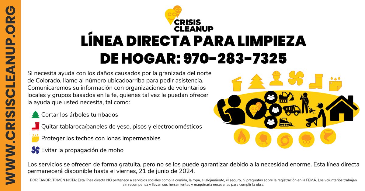 Update #1: The Home Cleanup Hotline has been extended to help survivors the Northern #Colorado #Hailstorm. We anticipate most volunteer groups will work through Fri, June 21. 2024.

Survivors needing assistance can call 970-283-7325.

#LoveThyNeighbor #CrisisCleanup #PleaseShare