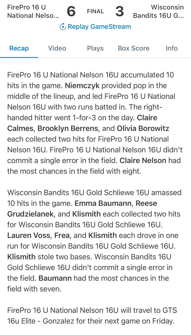 Claire Calmes (@claire_calmes) on Twitter photo Firepro National 16U Nelson won both games today! Final pool play game is at 11AM tomorrow on Field 1 at Salem Grade School!!
<a href="/skubuske/">Sara Kubuske</a> <a href="/BadgerHealy/">BadgerCoachHealy</a> <a href="/UWOSoftball1/">UW-Oshkosh Softball</a> <a href="/UWSPCoachRyan/">Ryan Konitzer</a> <a href="/CoachGregJones1/">Greg Jones</a> <a href="/KristinaMcSwee6/">Kristina McSweeney</a> <a href="/KristleWolcott/">Kristle Wolcott</a> <a href="/Coachmun/">Mat Mundell</a> <a href="/CoachWoo24/">Alaynie Woollard</a> <a href="/jwalter09/">Jen Walter</a> <a href="/LUCCoachAbbott/">Alicia Abbott</a> Firepro National 16U Nelson won both games today! Final pool play game is at 11AM tomorrow on Field 1 at Salem Grade School!!
<a href="/skubuske/">Sara Kubuske</a> <a href="/BadgerHealy/">BadgerCoachHealy</a> <a href="/UWOSoftball1/">UW-Oshkosh Softball</a> <a href="/UWSPCoachRyan/">Ryan Konitzer</a> <a href="/CoachGregJones1/">Greg Jones</a> <a href="/KristinaMcSwee6/">Kristina McSweeney</a> <a href="/KristleWolcott/">Kristle Wolcott</a> <a href="/Coachmun/">Mat Mundell</a> <a href="/CoachWoo24/">Alaynie Woollard</a> <a href="/jwalter09/">Jen Walter</a> <a href="/LUCCoachAbbott/">Alicia Abbott</a>