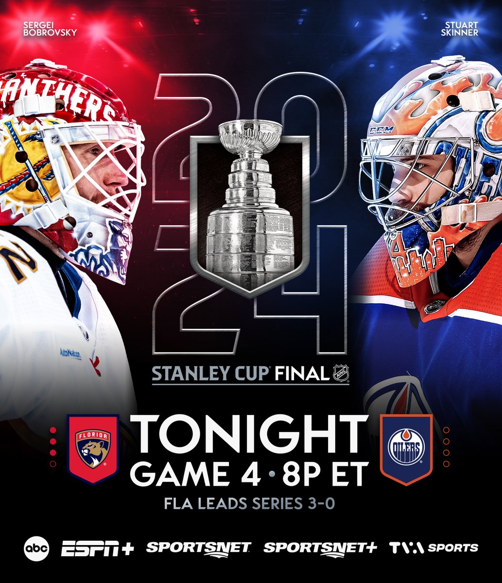 NHL's tweet photo. IT'S ALMOST TIME FOR GAME 4‼️

Is tonight the night the #StanleyCup gets a new home? 🤔

📺: @FlaPanthers vs. @EdmontonOilers Game 4 TONIGHT at 8p ET on ABC, @ESPNPlus, @Sportsnet, Sportsnet+, and @TVASports https://t.co/RItvnr3uPg