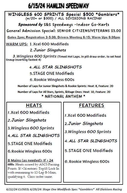 HamlinSpeed's tweet image. 6/15/24 Hamlin Speedway Wingless 600 Special *Gamblers with GA Special Seniors $3