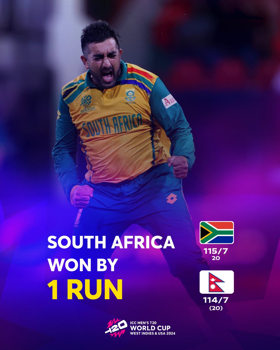ICC's tweet photo. South Africa survive 😲

#T20WorldCup | #SAvNEP 📲 https://t.co/AIFzQo3XNF https://t.co/SHaairZi1E