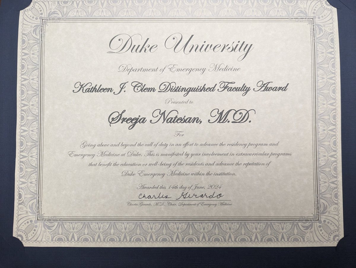 So incredibly humbled to be the recipient of the <a href="/dukeemergency/">Duke Emergency Medicine</a> <a href="/tkclem76/">Clem</a> Distinguished Faculty Award.  With such an outstanding faculty group at #DukeEM, this is truly an honor. I'm so grateful 💞