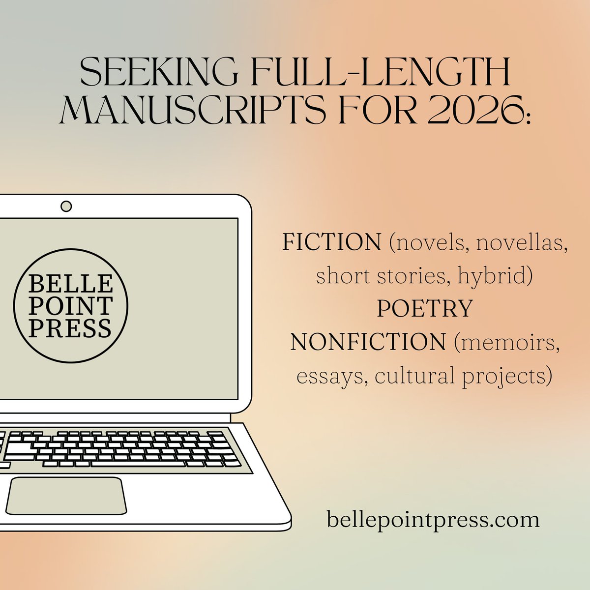 Seeking full-length manuscripts for 2026:

FICTION (novels, novellas, short stories, hybrid)
POETRY
NONFICTION (memoirs, essays, cultural projects)