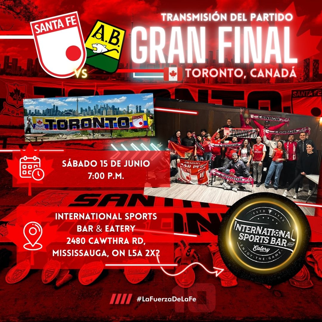 Santafereños en Canadá 🇨🇦 tenemos una invitación para ustedes.

Si estás en Toronto y quieres disfrutar de la final en familia Santafereña, acércate al International Sports Bar &amp; Eatery, allá se reunirá parte de la manada en Canadá es bienvenida a disfrutar LA GRAN FINAL SANTA FE